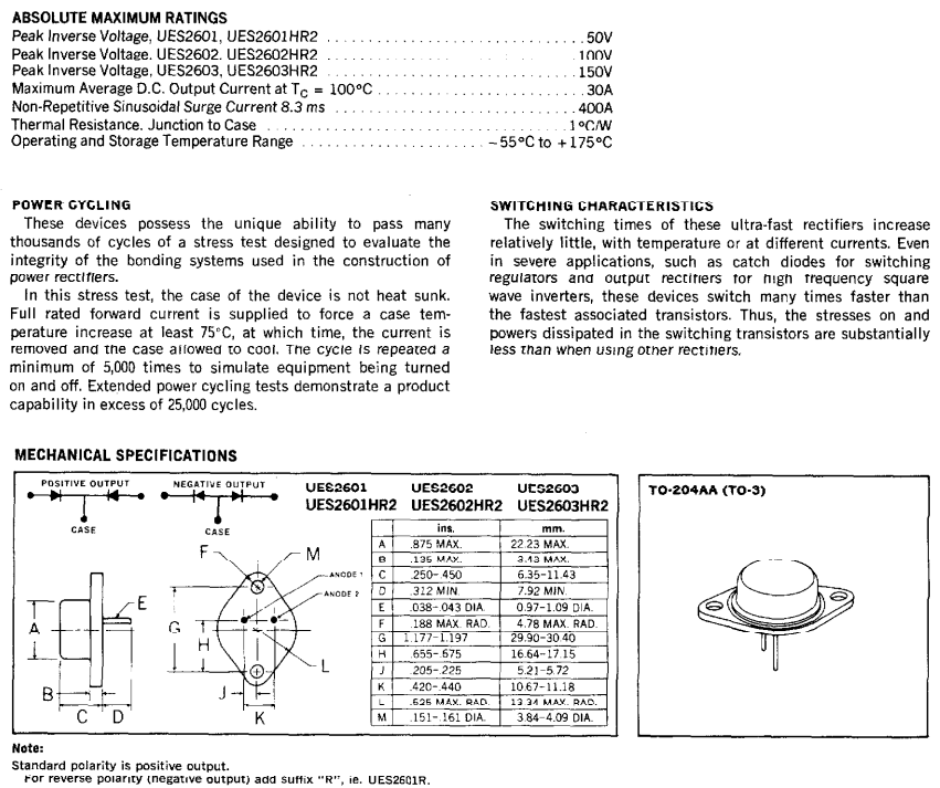Microsemi UES2602 - 100V 30Amp TO-3 Diodes